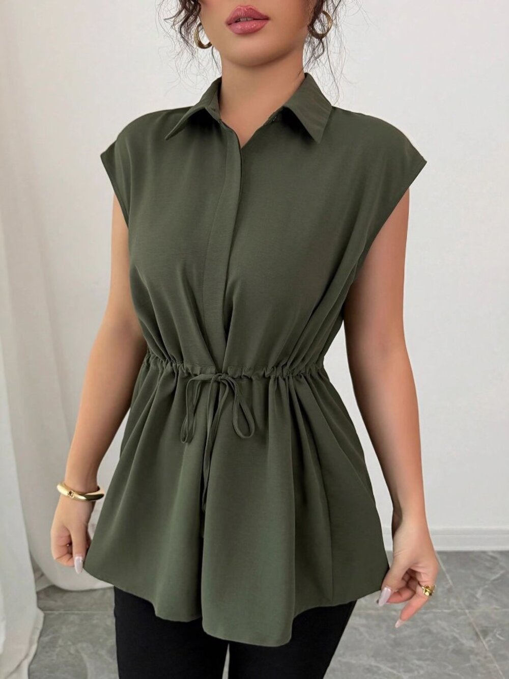 2/$45 NEW Olive Green Sleeveless Drawstring Waist Collared Blouse Tunic Top L